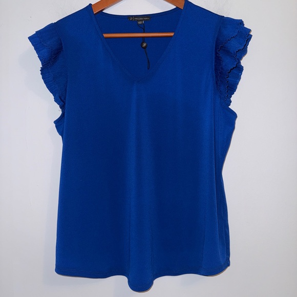 Adrianna Papell Royal Blue Ruffle Sleeve V-Neck Blouse • Size L - Picture 4 of 12